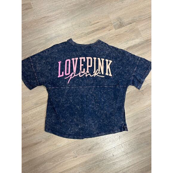 PINK Victoria's Secret Varsity Crew Neck T-Shirt Blue Acid Washed Size XL - Picture 4 of 6